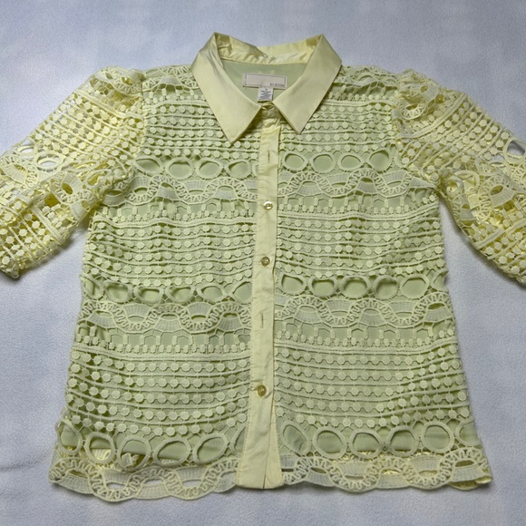 By Design Yellow Brianna Lace Puff Sleeve Button-Up Top, Size M - Picture 8 of 13